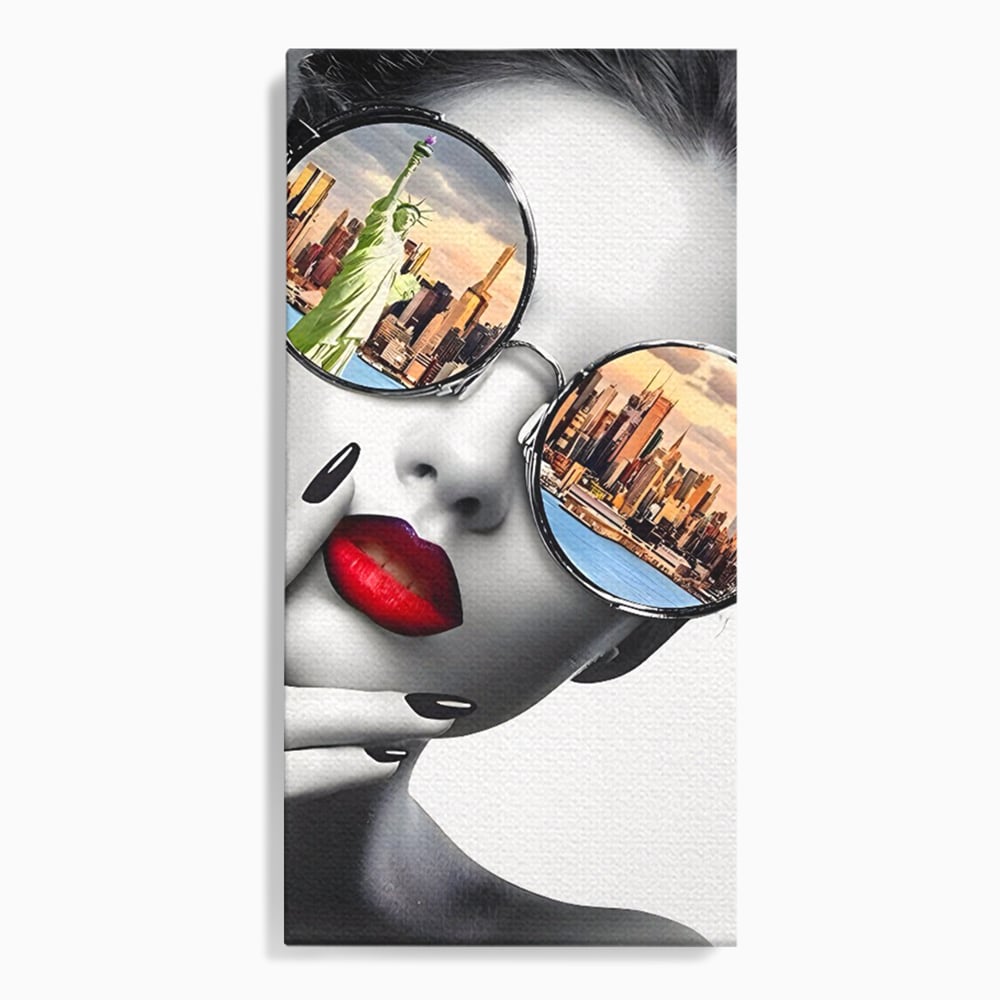 Tablou canvas cu tablou canvas cu portret femeie ochelari, fara rama, pe sasiu de lemn